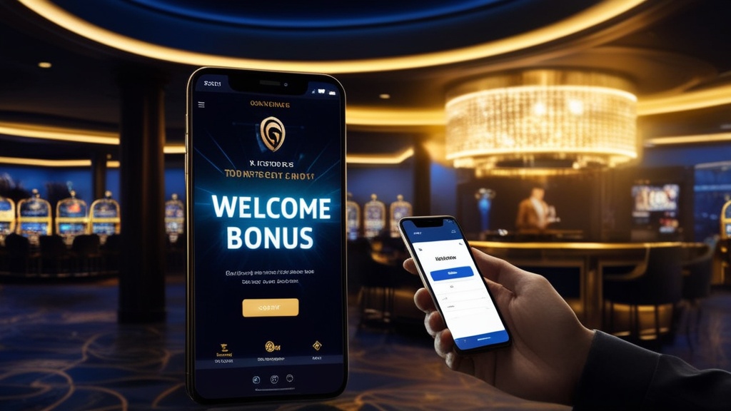 Speler bekijkt een welkomstbonus en codeveld in een sfeervolle casino-omgeving