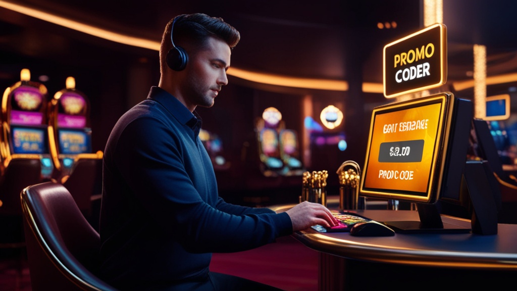 Speler voert een bonuscode in bij de kassa van een sfeervol casino